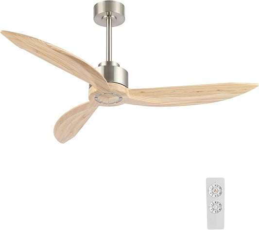 64" Wood Ceiling Fan Without Lights, 3 Blades 6-Speed Reversible DC Motor Ceiling Fan with Remote Control and Timer for Kitchen Bedroom Dining Living Room, Wood Blades with Nickel