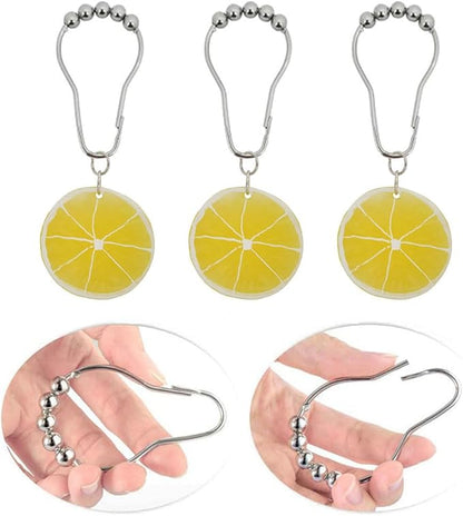 Yellow Lemon Shower Curtain Hooks for Bathroom, Rustproof Stainless Steel Decorative Shower Curtain Rings with Simulated Lemon Slice Pendant for Fruit Summer Theme Bathroom Decor (A)