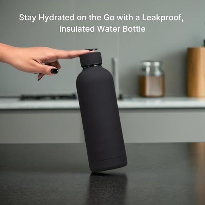 17 oz Matte Finish Stainless Steel Water Bottle | Leak Proof | Wide Mouth & Easy to Open | Easy Grip | Perfect for staying hydrated at School, College, Work, Gym (Black)