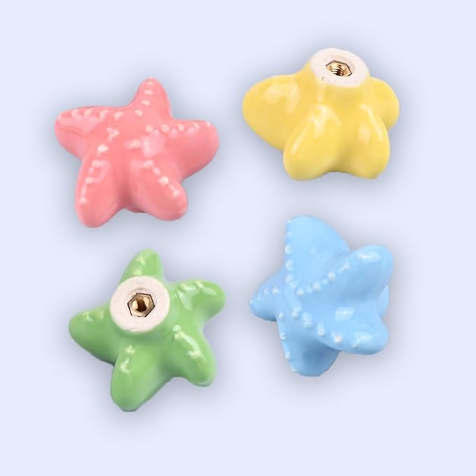 4X Colorful Cute Glossy Ceramic Knobs Starfish-Shape Lovely Door Pull Knob Cabinet Closet Ceramic Drawer Cupboard Kitchen Dresser Kids Child Bedroom Pulls Wardrobe Handles