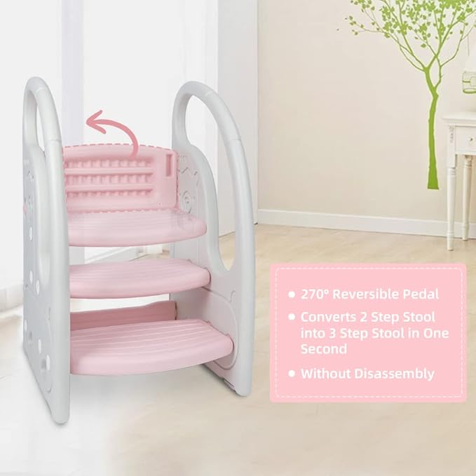 Toddler Step Stool Chair Onasti Kids 3 Step Standing Tower for Toddlers Plastic Learning Helper Stool for Kitchen Counter Bathroom Sink Toilet Potty Training with Handles and Non-Slip Pads-Pink White