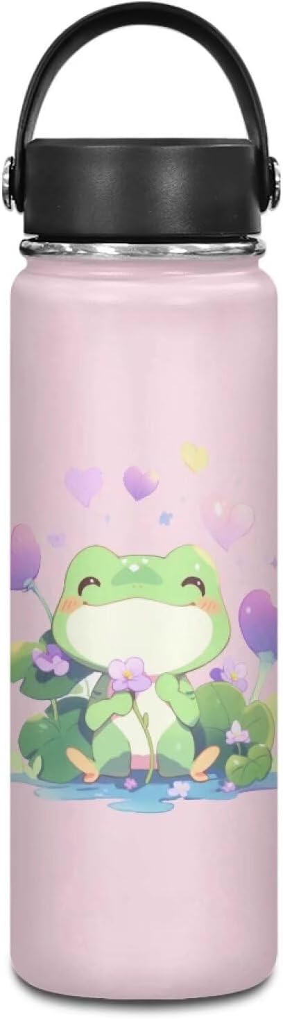 ZOUTAIRONG Frog Sports Water Bottle 18 Oz Stainless Steel Water Bottles Insulated Kids Girls Sport Gym Outdoor Metal Thermal Water Bottle Wide Mouth Bottle Cup Cute Animal Pink