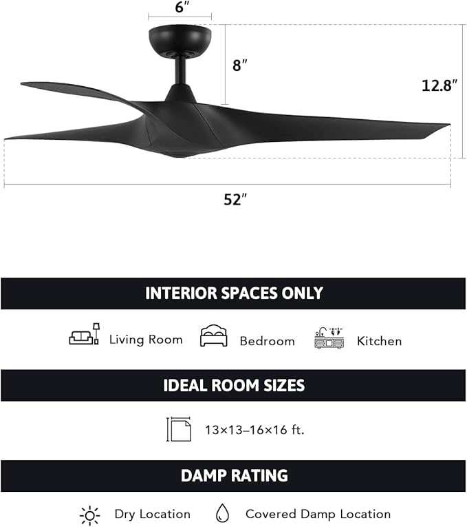 VONLUCE 52" Industrial Ceiling Fan No Light with Remote Control, Modern Ceiling Fan with 3 Blades Noiseless 6-Speed Reversible DC Motor, Ceiling Fan for Kitchen Bedroom Living Room, Black