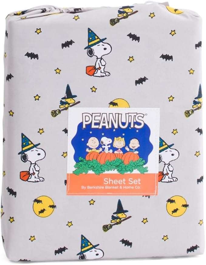 Berkshire Blanket & Home Co. Peanuts Halloween Fall Themed Sheet Sets (Gray - Bats, Stars, Full Moons, Twin)