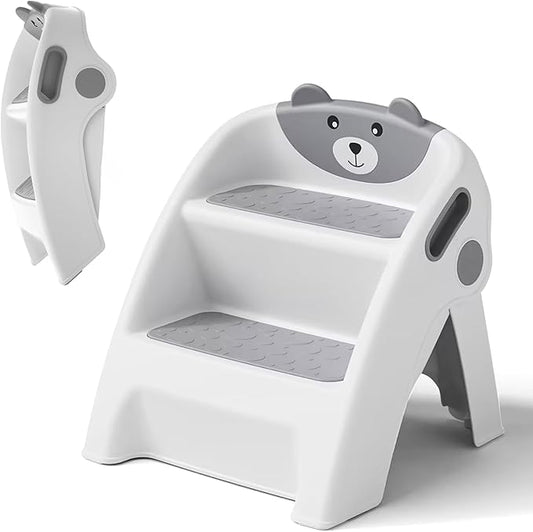 Toddler Step Stool Foldable 2 Step Stool for Kids Collapsible Stool Anti-Slip Stepping Stool for Bathroom Sink Potty Toilet Toddler Kitchen Stool Helper (Grey)