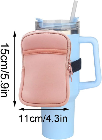 1 Pack Double Pockets Water Bottle Pouch Fit for Stanley Quencher Adventure 40oz & 30oz & 20oz Tumbler, Gym Water Bottle Pouch Running Water Bottle Handheld Caddy - Pink