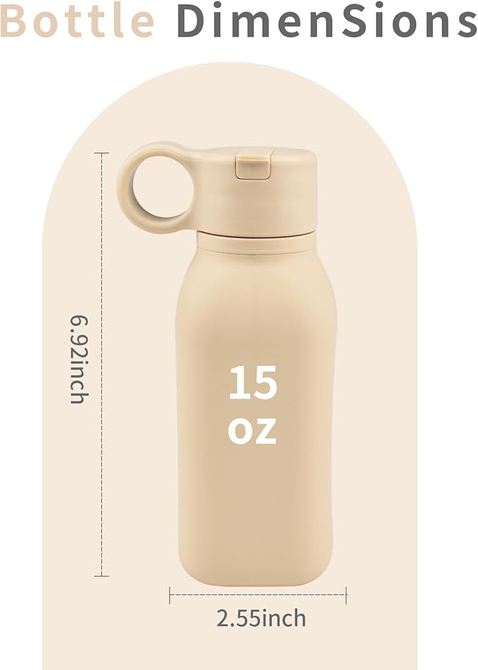 15oz/450ml Water Bottle, Silicone Travel Water Cup Leak-Proof/BPA Free Lightweight Sports Fitness Essential with Straw for Home Gym Work/Running/Camping/Hiking, Easy Carrying, Khaki