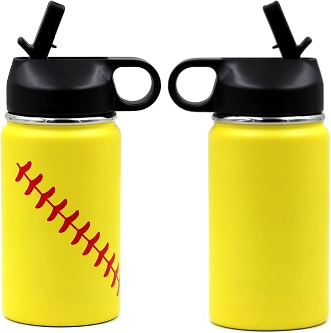 12 oz Softball Water Bottle, Flask Sports with 2 Lids 18/8 Stainless Steel Tumbler Double Wall Vacuum Insulated Hot/Cold (12oz, Yellow Softball)