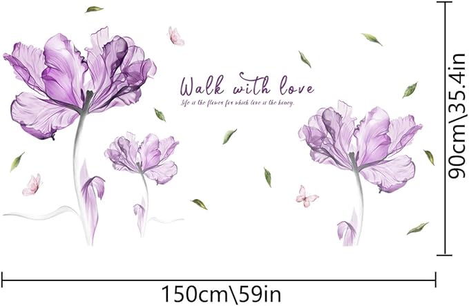 "Walk into Love" 3D Purple Flower Wall Stickers - 60cm x 23.6in Vinyl Decor for Home, Bedroom, Living Room, Office, Bathroom - 2 Sheets of 30cm x 90cm