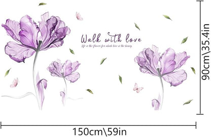 "Walk into Love" 3D Purple Flower Wall Stickers - 60cm x 23.6in Vinyl Decor for Home, Bedroom, Living Room, Office, Bathroom - 2 Sheets of 30cm x 90cm