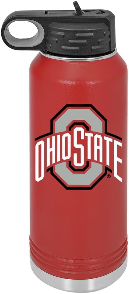 Ohio State University 32oz Stainless Steel Double Walled Red Beverage Bottle with Flip Straw Spout- College Gear for Playoff Season – For Office, Home or Auto – Show your Buckeye Pride