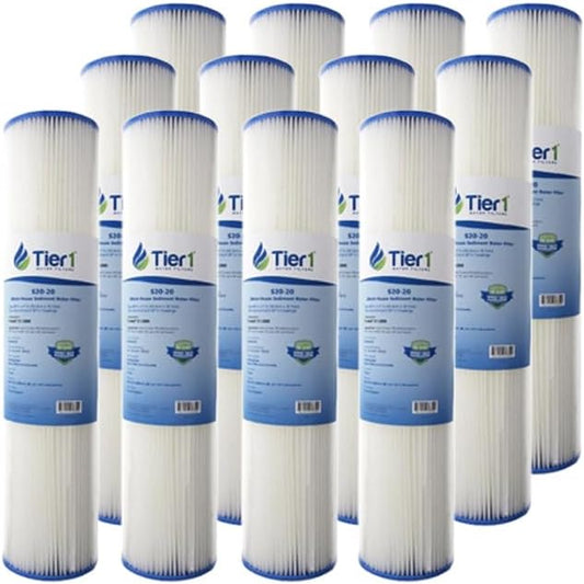 Tier1 20 Micron 20 Inch x 4.5 Inch | 12-Pack Pleated Cellulose Whole House Sediment Water Filter Replacement Cartridge | Compatible with Pentek S1-20BB, 155305-43, W20CLHD20, Home Water Filter