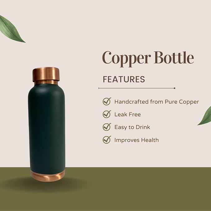 Perilla Home Plain Copper Water Bottle 23.66 OZ Leak Proof 100% Pure Ayurvedic Copper Vessel with Lid - Drink More Water and Enjoy Health Benefits Yoga/Gym Bottle (Green)