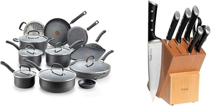 T-fal 25 Piece Set Ultimate Hard Anodized Nonstick Cookware Set With Ice Force Stainless Steel Kitchen Knife Set and Wood Block