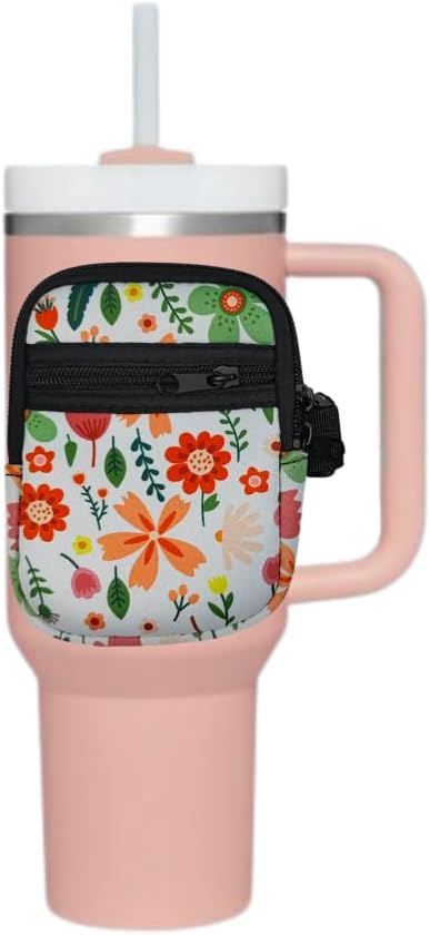 Zipper Water Bottle Pouch For 40 oz. Tumbler, Flower Design | Tumbler Pouch With Zipper Pocket, Adjustable Strap Fits Most 40oz Tumblers | Securely Holds Phone, Credit Cards, Keys, & More (2 Pack)