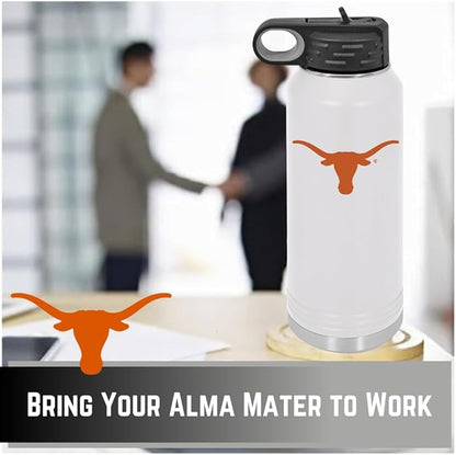 University of Texas at Austin 32oz Stainless Steel Double Walled White Beverage Bottle with Flip Straw Spout - College Gear for Playoff Season – For Office, Home or Auto – Show your Longhorn Pride