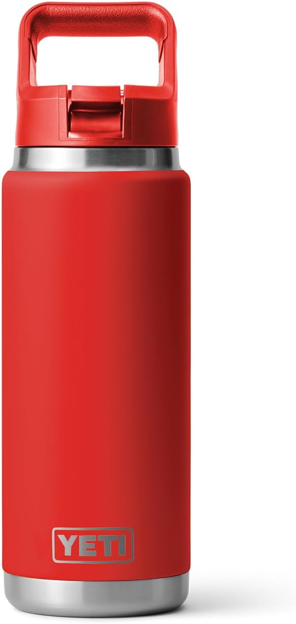 YETI Rambler 26 oz Bottle, Vacuum Insulated, Stainless Steel with Color Matching Straw Cap, Canyon Red