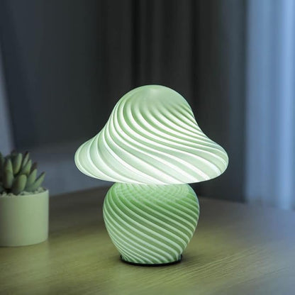 Mushroom Lamp, Small Green Table Lamp with Striped Glass, Cute Little Swirl Sage Green Nightstand Lamp for Bedroom Bedside Dorm Living Kitchen, Aesthetic Ambient Lamp for Home Decor Gift