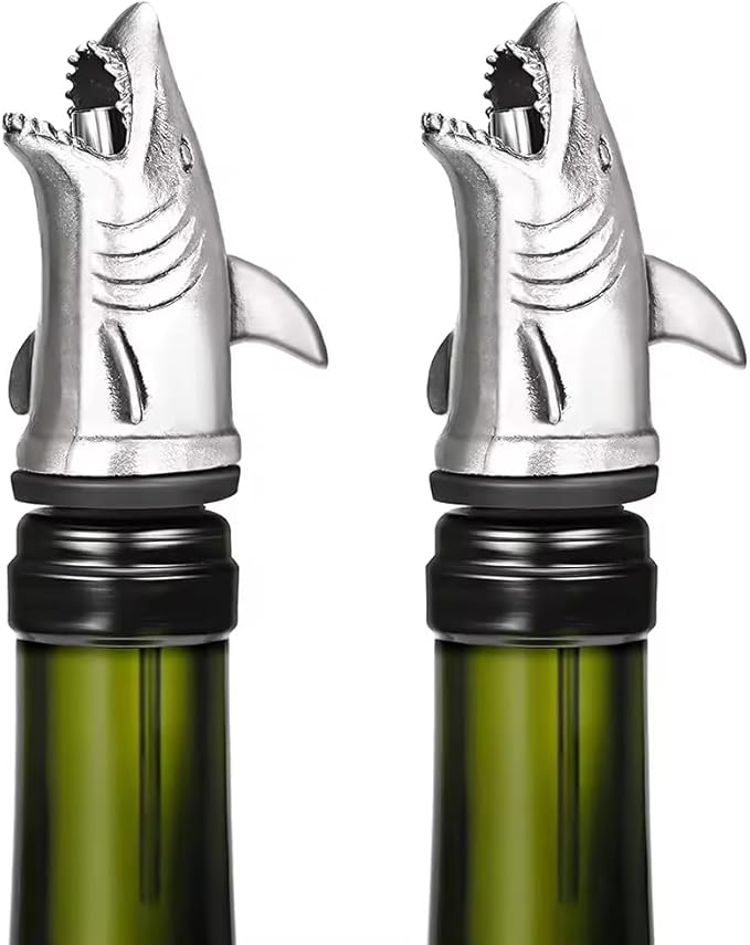 2 PACK SHARKS - Wine & Champagne Pourer | Silver Color Stainless Steel | Bottle Stopper Aerator for Whiskey and Liquor | Decanter and Bar Tools Accessories and Gift Set Ideas for Her and Him (SHARK)