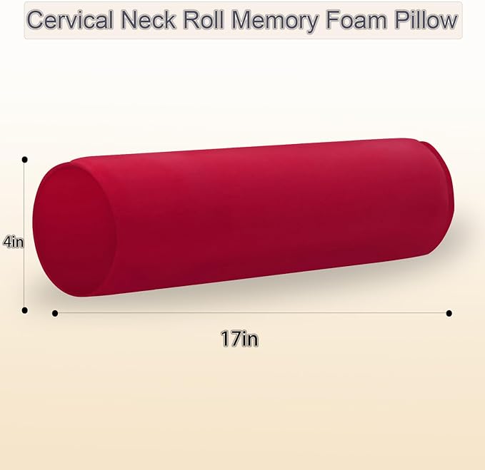 Round Cervical Roll Cylinder Bolster Pillow, 4" x 17" Orthopedic Cervical Roll Memory Foam Ergonomically Pillow forBed， Car, Office and Home Use，with Washable Cover (Rose Red)