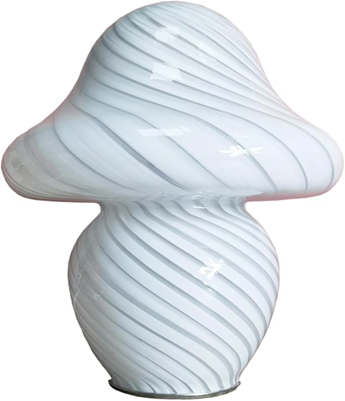 Mushroom Lamp, Small White Table Lamp with Striped Glass, Cute Little Swirl Nightstand Lamp for Bedroom Bedside Dorm Living Kitchen, Murano Style Aesthetic Kawaii Lamp for Home Decor Gift