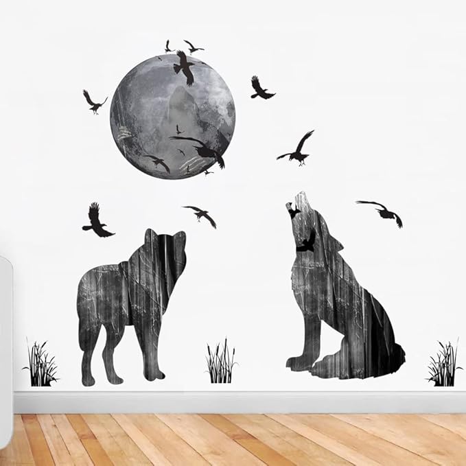 Wall Stickers Wolf and Moon Wall Decor Decal Art Animal Murals Removable PVC DIY Wall Decoration Paper Poster for Bedroom Kitchen Living Room Nursery Rooms Offices