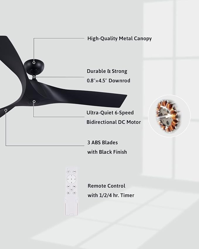 VONLUCE 52" Industrial Ceiling Fan No Light with Remote Control, Modern Ceiling Fan with 3 Blades Noiseless 6-Speed Reversible DC Motor, Ceiling Fan for Kitchen Bedroom Living Room, Black