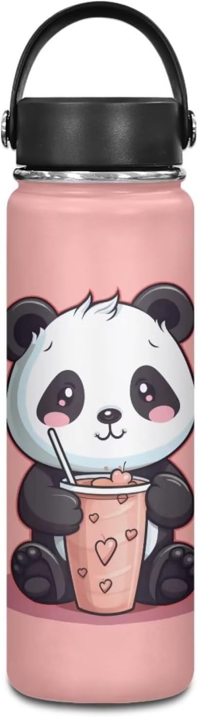 ZOUTAIRONG Cute Panda Insulated Water Bottles with Handle Stainless Steel Metal Water Bottle, Cold & Hot Water Bottle 18 oz, Leak Proof Travel with Milk Tea Designs Pink