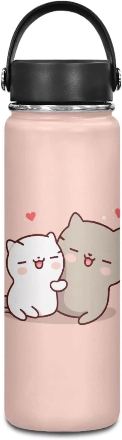 ZOUTAIRONG Cat Insulated Water Bottle 20 oz Cute Stainless Steel Water Bottles for Travelling, Camping, Cycling Water Bottle Vacuum Insulated Cup Reusable Water Bottle Handle Pink Kitten Lovers