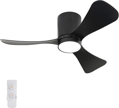 42 Inch Low Profile Ceiling Fan with Lights, Modern Flush Mount Ceiling Fan, 3 ABS Blades, 6-Speed, Reversible DC Motor, Noiseless, for Indoor/Outdoor Kitchen Bedroom, Black