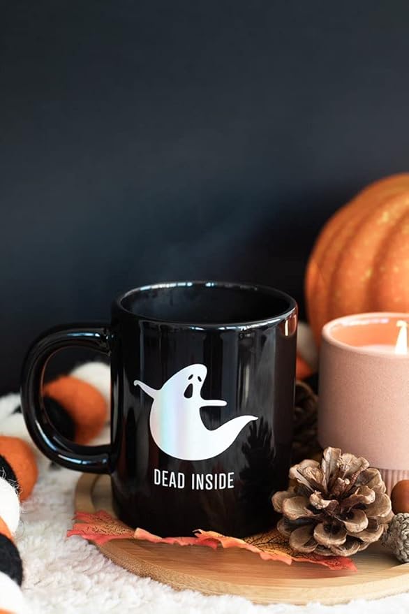 Pearhead Dead Inside Iridescent Ghost Coffee Mug, Halloween Ceramic Coffee Cup, Fall Home Decor, 13 oz