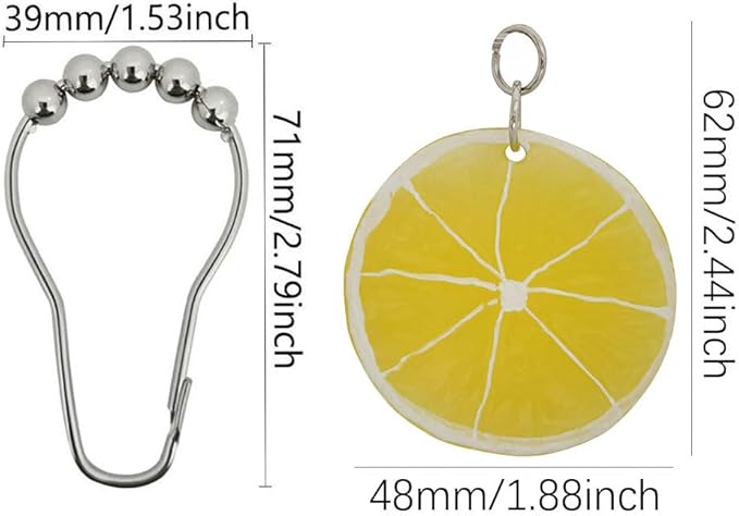 Yellow Lemon Shower Curtain Hooks for Bathroom, Rustproof Stainless Steel Decorative Shower Curtain Rings with Simulated Lemon Slice Pendant for Fruit Summer Theme Bathroom Decor (A)