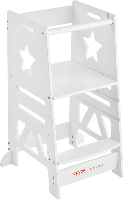 VEVOR Tower Step Stool, 3-Level Height Adjustable Toddler Step Stools for Kids, Kitchen Stool Helper, Bamboo Standing Tower Learning Stool with Safety Rail for Kitchen Counter Bathroom, 350LBS, White