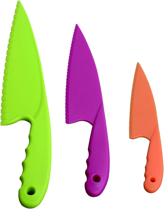 3 PACK Kids Kitchen Knife Food Grade Nylon Kids Chef Knives, Plastic Kids Cooking Knives Safe Vegetables Cutters for Fruit, Cake, Lettuce, Salad (3 Colors and Sizes)