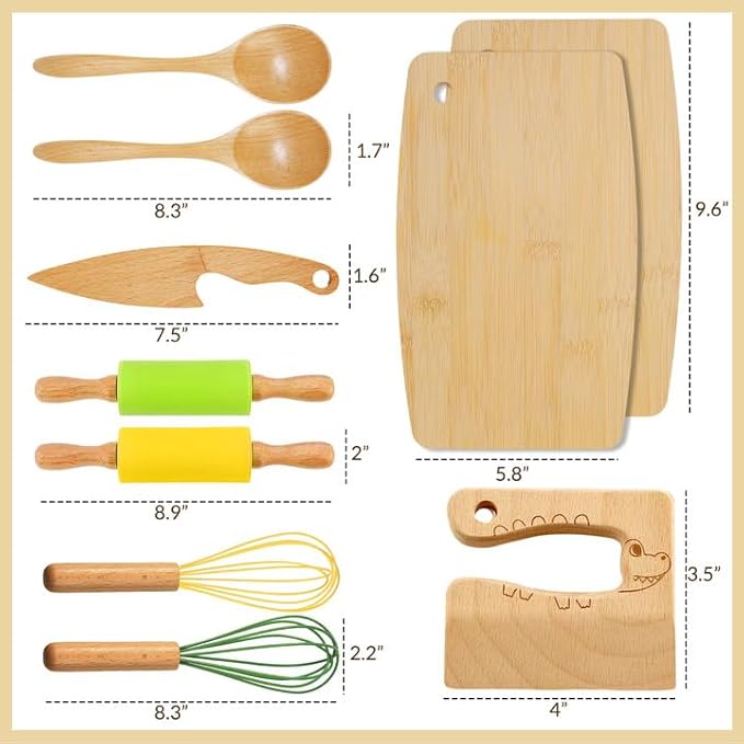 Wooden Kids Safe Knife and Kids Baking Set for Real Cooking, 10 PCS Toddler Montessori Kitchen Tools, Cooking and Baking for Kids Little Chefs Montessori Kitchen Tools for Toddlers-Kids Cooking Sets