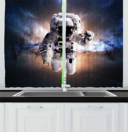 Ambesonne Astronaut Kitchen Curtains, Floating Astronaut in Space Nebula Heavenly Bodies Star Systems Love Science, Window Drapes 2 Panel Set for Kitchen Cafe Decor, 55" x 39", Space Blue