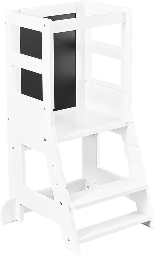 Toddler Tower, Kitchen Stool Helper for Toddlers with Chalkboard, Safety Rail, Adjustable Heights, and Anti-Slip Protection, Montessori Learning Standing Tower, Removable Step Stool for Adults, White