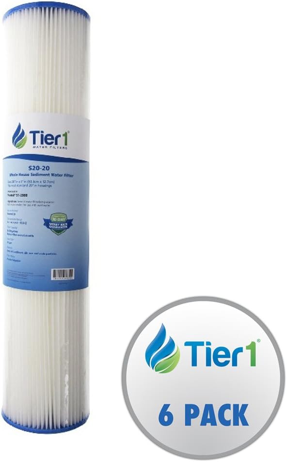 Tier1 20 Micron 20 Inch x 4.5 Inch | 6-Pack Pleated Cellulose Whole House Sediment Water Filter Replacement Cartridge | Compatible with Pentek S1-20BB, 155305-43, W20CLHD20, Home Water Filter