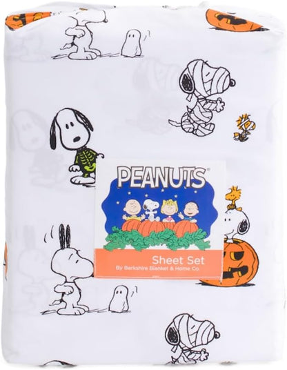 Berkshire Blanket & Home Co. Peanuts Halloween Fall Themed Sheet Sets (White - Mummies, Pumpkins, Witch on Broom, Queen)