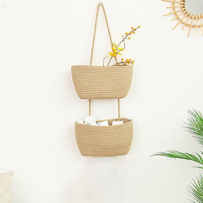 TeoKJ Over the Door Hanging Basket, 2-Tier Woven Cotton Wall-Mounted Storage Organizer Bag Decorative Hanging Kitchen Baskets - Jute