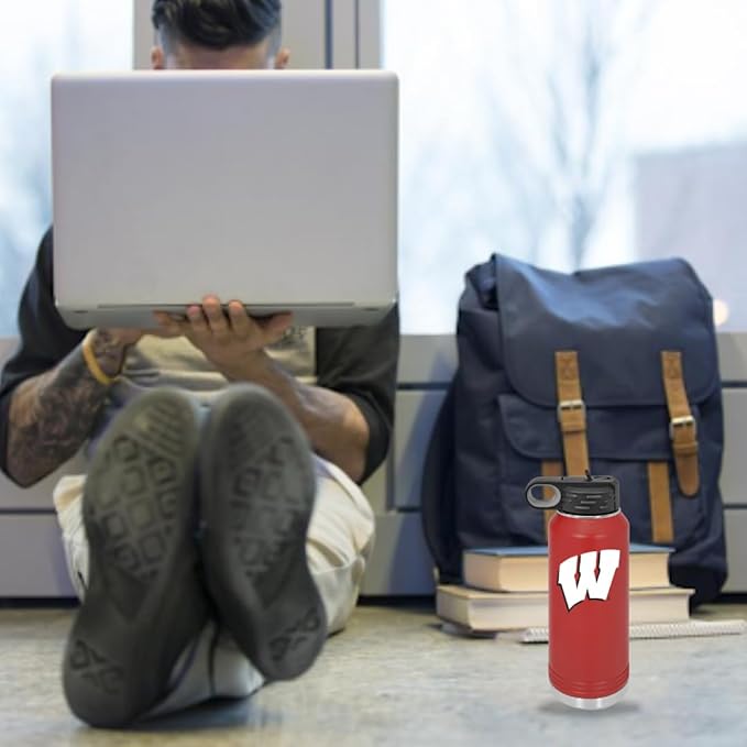 University of Wisconsin 32oz Stainless Steel Double Walled Red Beverage Bottle with Flip Straw Spout - College Gear for Playoff Season – For Office, Home or Auto – Show your Badgers Pride