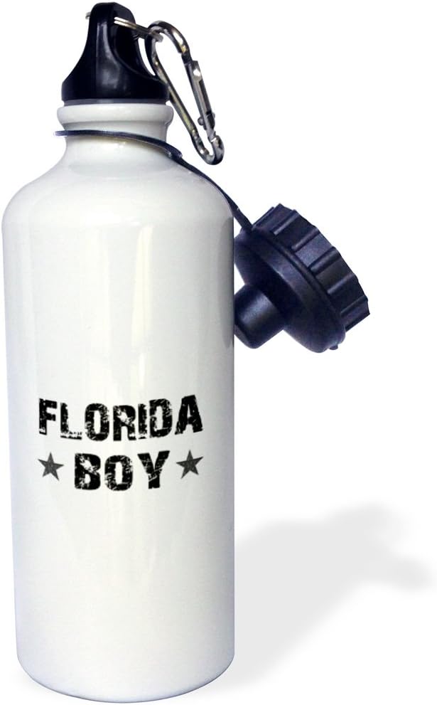 3dRose "Florida Boy-home state pride-USA-United States of America-black and white text and stars" Sports Water Bottle, 21 oz, White