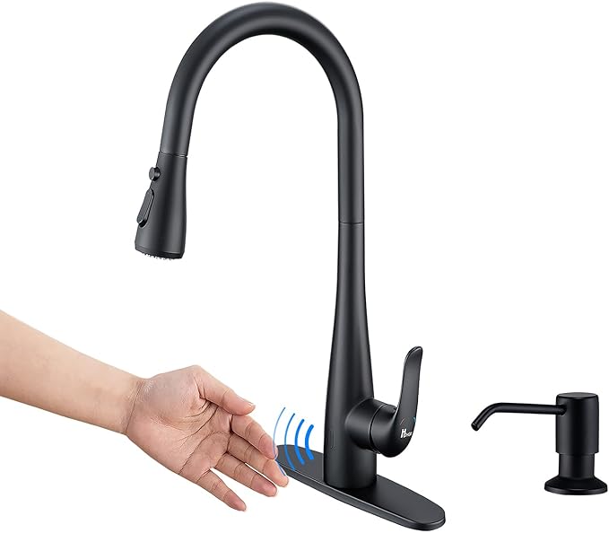 Touchless Kitchen Faucet with Soap Dispenser and Pull Down Sprayer - Single Handle Sensor Kitchen Sink Faucet, 1 or 3 Hole Design for Modern Farmhouse Kitchens, Rv, and Bar Sinks (Matte Black)