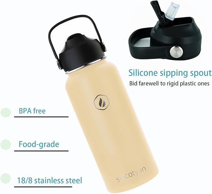 32 OZ Insulated Water Bottle with Straw,Sports Water Bottle Stainless Steel Wide Mouth Bottle for Home,Gym,Travel Outdoor,Beige