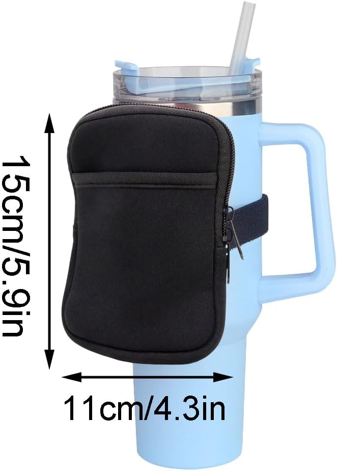 1 Pack Double Pockets Water Bottle Pouch Fit for Stanley Quencher Adventure 40oz & 30oz & 20oz Tumbler, Gym Water Bottle Pouch Running Water Bottle Handheld Caddy - Black