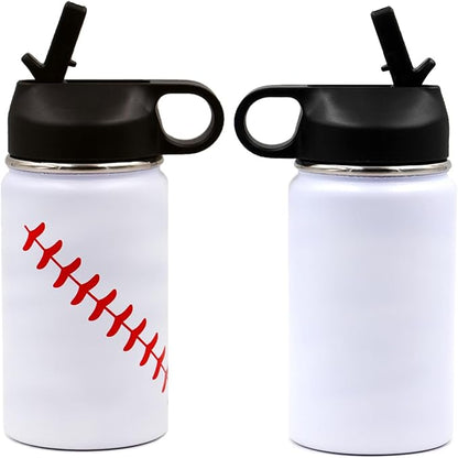 12 oz Baseball Water Bottle, Wide Mouth Sports Flask Metal Travel Tumbler with 2 Lids 18/8 Stainless Steel Double Wall Vacuum Insulated (12oz, White baseball)