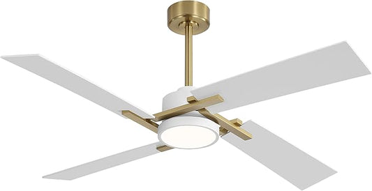 WINGBO 56 Inch DC Ceiling Fan with Lights and Remote, 4 Plywood Blades, 6-Speed Reversible DC Motor, Dimmable, 3CCT, Farmhouse Ceiling Fan for Bedroom Living Room Kitchen, Brass and White