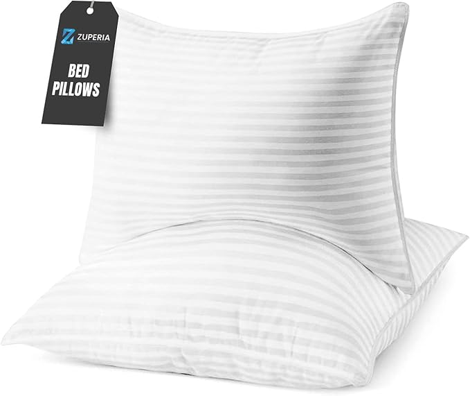 ZUPERIA Pillows Queen Size Set of 2, Satin Stripe Hotel Pillows Premium Down Alternative Cooling Hotel Quality Pillows for Back, Stomach and Side Sleepers