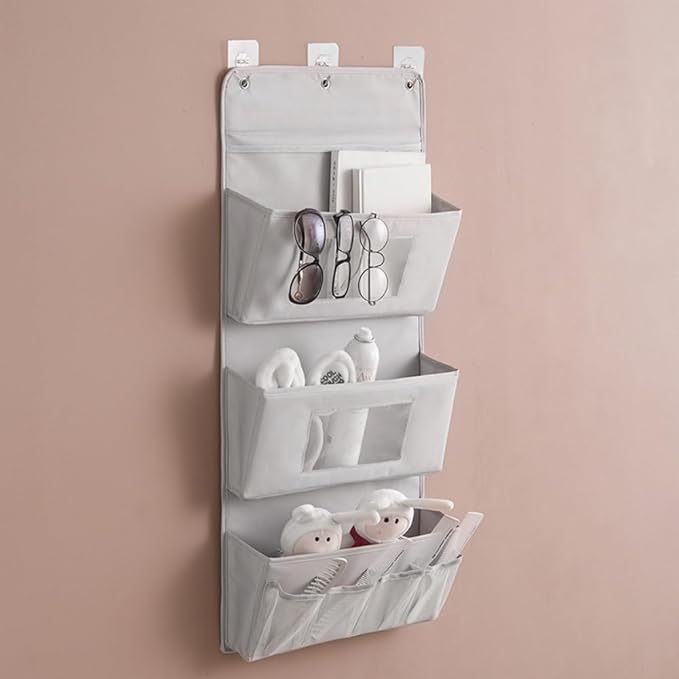 Versatile Over-The-Door Nursery Organizer with Transparent Mesh Pockets & 3 Adhesive Hooks - Foldable Storage Solution for Bedroom, Bathroom, Kitchen & Dorm