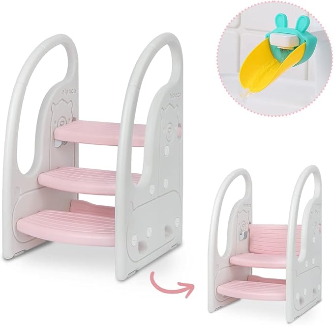 Toddler Step Stool Chair Onasti Kids 3 Step Standing Tower for Toddlers Plastic Learning Helper Stool for Kitchen Counter Bathroom Sink Toilet Potty Training with Handles and Non-Slip Pads-Pink White